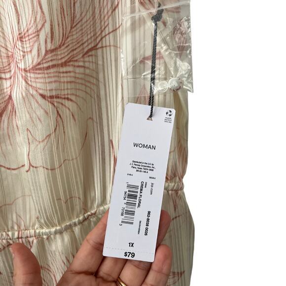 Liz Claiborne Short Sleeve Floral Satin Cream & Pink Dress w/ Slip Plus Size 1X - Picture 8 of 8